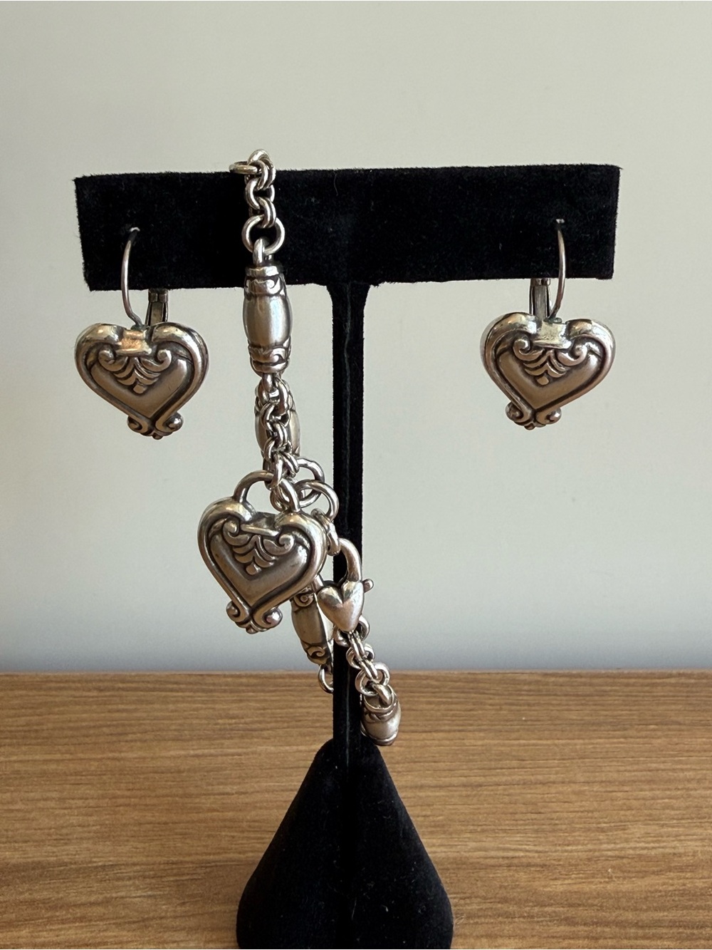 Brighton Blaire Vintage Heart Jewelry Set Barrel Link Chain Bracelet & Earrings